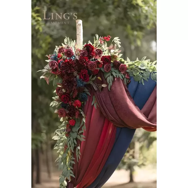 imageLings Moment Deluxe White Beige Artificial Wedding Arch Flowers with Drapes KitPack of 5 2pcs Flower Arrangements 3pcs Hanging Sheer Drapes Ceremony Arbor Reception Backdrop Rose Floral DecorationsRed Inspiration  Burgundy  Navy