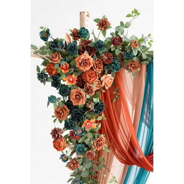 imageLings Moment Deluxe White Beige Artificial Wedding Arch Flowers with Drapes KitPack of 5 2pcs Flower Arrangements 3pcs Hanging Sheer Drapes Ceremony Arbor Reception Backdrop Rose Floral DecorationsDark Teal  Burnt Orange