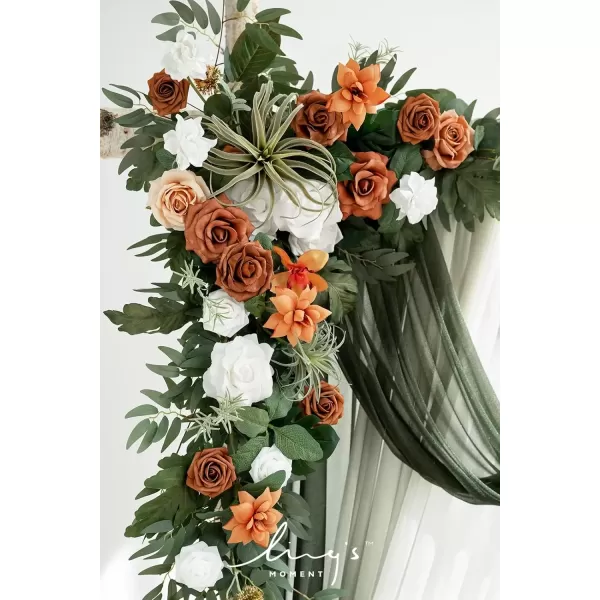 imageLings Moment Deluxe White Beige Artificial Wedding Arch Flowers with Drapes KitPack of 5 2pcs Flower Arrangements 3pcs Hanging Sheer Drapes Ceremony Arbor Reception Backdrop Rose Floral DecorationsOrange Inspiration  Emerald  Burnt Orange