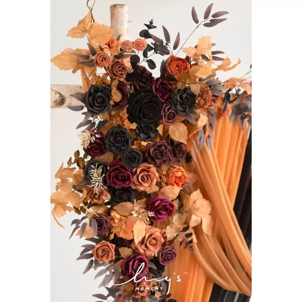 imageLings Moment Deluxe White Beige Artificial Wedding Arch Flowers with Drapes KitPack of 5 2pcs Flower Arrangements 3pcs Hanging Sheer Drapes Ceremony Arbor Reception Backdrop Rose Floral DecorationsOrange Inspiration  Black  Pumpkin Orange