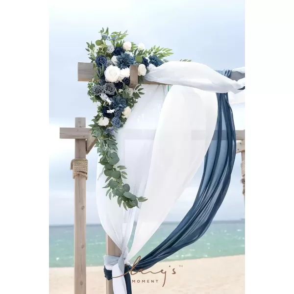 imageLings Moment Deluxe White Beige Artificial Wedding Arch Flowers with Drapes KitPack of 5 2pcs Flower Arrangements 3pcs Hanging Sheer Drapes Ceremony Arbor Reception Backdrop Rose Floral DecorationsBlue Inspiration  Dusty Blue  Navy