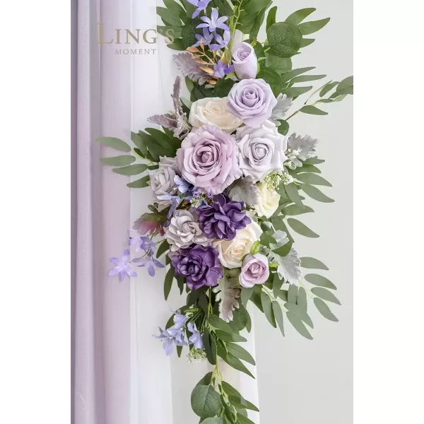 imageLings Moment Deluxe White Beige Artificial Wedding Arch Flowers with Drapes KitPack of 5 2pcs Flower Arrangements 3pcs Hanging Sheer Drapes Ceremony Arbor Reception Backdrop Rose Floral DecorationsPurple Inspiration  Lilac  Cream