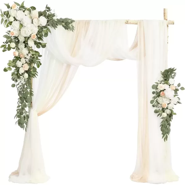 imageLings Moment Deluxe White Beige Artificial Wedding Arch Flowers with Drapes KitPack of 5 2pcs Flower Arrangements 3pcs Hanging Sheer Drapes Ceremony Arbor Reception Backdrop Rose Floral DecorationsWhite  Sage2024 New