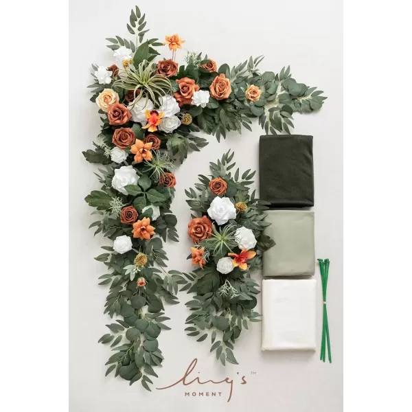 imageLings Moment Deluxe White Beige Artificial Wedding Arch Flowers with Drapes KitPack of 5 2pcs Flower Arrangements 3pcs Hanging Sheer Drapes Ceremony Arbor Reception Backdrop Rose Floral DecorationsOrange Inspiration  Emerald  Burnt Orange