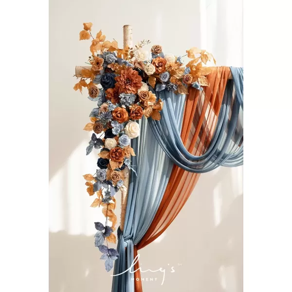 imageLings Moment Deluxe White Beige Artificial Wedding Arch Flowers with Drapes KitPack of 5 2pcs Flower Arrangements 3pcs Hanging Sheer Drapes Ceremony Arbor Reception Backdrop Rose Floral DecorationsOrange Inspiration  Burnt Orange  Navy Blue