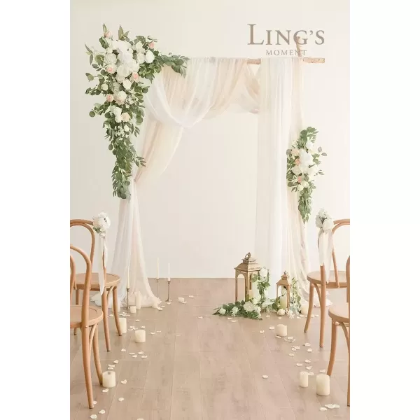 imageLings Moment Deluxe White Beige Artificial Wedding Arch Flowers with Drapes KitPack of 5 2pcs Flower Arrangements 3pcs Hanging Sheer Drapes Ceremony Arbor Reception Backdrop Rose Floral DecorationsWhite  Sage2024 New