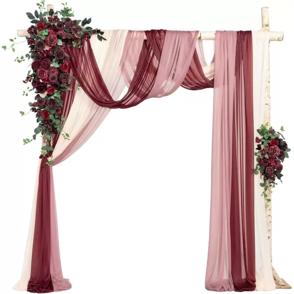 imageLings Moment Deluxe White Beige Artificial Wedding Arch Flowers with Drapes KitPack of 5 2pcs Flower Arrangements 3pcs Hanging Sheer Drapes Ceremony Arbor Reception Backdrop Rose Floral DecorationsBordeaux Red