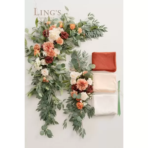 imageLings Moment Deluxe White Beige Artificial Wedding Arch Flowers with Drapes KitPack of 5 2pcs Flower Arrangements 3pcs Hanging Sheer Drapes Ceremony Arbor Reception Backdrop Rose Floral DecorationsOrange Inspiration  Sunset Terracotta