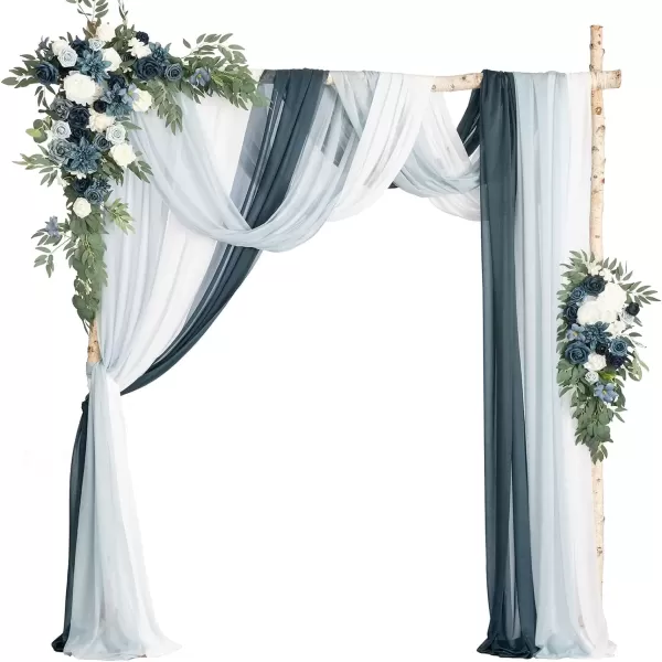 imageLings Moment Deluxe White Beige Artificial Wedding Arch Flowers with Drapes KitPack of 5 2pcs Flower Arrangements 3pcs Hanging Sheer Drapes Ceremony Arbor Reception Backdrop Rose Floral DecorationsBlue Inspiration  Dusty Blue  Navy