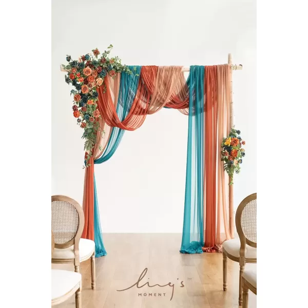 imageLings Moment Deluxe White Beige Artificial Wedding Arch Flowers with Drapes KitPack of 5 2pcs Flower Arrangements 3pcs Hanging Sheer Drapes Ceremony Arbor Reception Backdrop Rose Floral DecorationsDark Teal  Burnt Orange