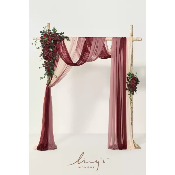 imageLings Moment Deluxe White Beige Artificial Wedding Arch Flowers with Drapes KitPack of 5 2pcs Flower Arrangements 3pcs Hanging Sheer Drapes Ceremony Arbor Reception Backdrop Rose Floral DecorationsBordeaux Red