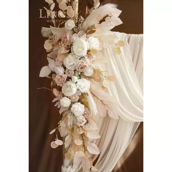 imageLings Moment Deluxe White Beige Artificial Wedding Arch Flowers with Drapes KitPack of 5 2pcs Flower Arrangements 3pcs Hanging Sheer Drapes Ceremony Arbor Reception Backdrop Rose Floral DecorationsWhite Inspiration  White  Beige