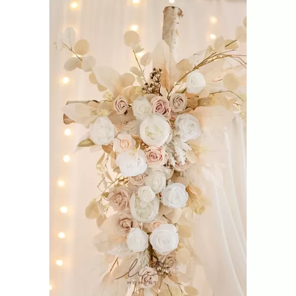 imageLings Moment Deluxe White Beige Artificial Wedding Arch Flowers with Drapes KitPack of 5 2pcs Flower Arrangements 3pcs Hanging Sheer Drapes Ceremony Arbor Reception Backdrop Rose Floral DecorationsWhite Inspiration  White  Beige