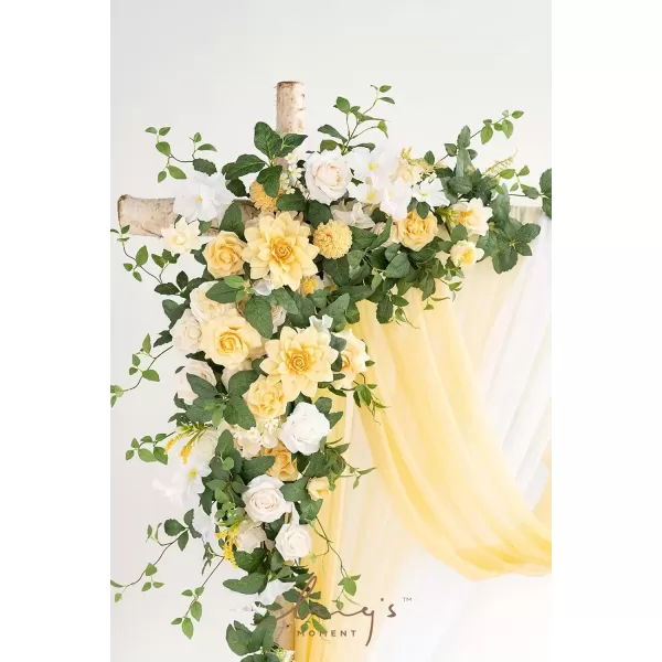 imageLings Moment Deluxe White Beige Artificial Wedding Arch Flowers with Drapes KitPack of 5 2pcs Flower Arrangements 3pcs Hanging Sheer Drapes Ceremony Arbor Reception Backdrop Rose Floral DecorationsCreamy Yellowc