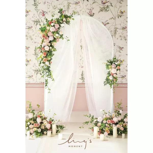 imageLings Moment Deluxe White Beige Artificial Wedding Arch Flowers with Drapes KitPack of 5 2pcs Flower Arrangements 3pcs Hanging Sheer Drapes Ceremony Arbor Reception Backdrop Rose Floral DecorationsGarden Blush