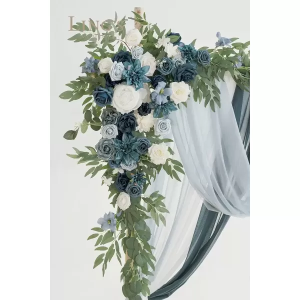 imageLings Moment Deluxe White Beige Artificial Wedding Arch Flowers with Drapes KitPack of 5 2pcs Flower Arrangements 3pcs Hanging Sheer Drapes Ceremony Arbor Reception Backdrop Rose Floral DecorationsBlue Inspiration  Dusty Blue  Navy