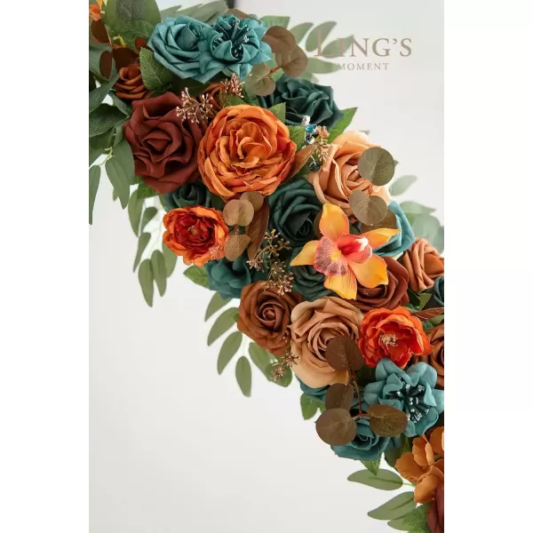 imageLings Moment Fall Wedding Arch Artificial Flowers Ceremony Backdrop 4 Swags of Rose Arbor Decorations Orange White Outdoor Hanging Party Reception Floral Garland Arrangement DecorDark Teal  Burnt Orange