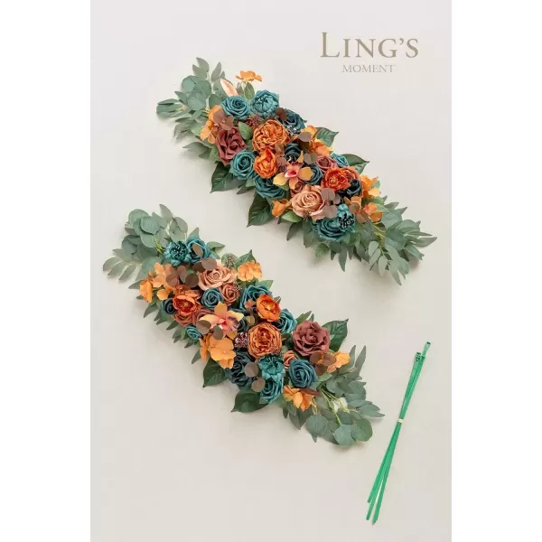 imageLings Moment Fall Wedding Arch Artificial Flowers Ceremony Backdrop 4 Swags of Rose Arbor Decorations Orange White Outdoor Hanging Party Reception Floral Garland Arrangement DecorDark Teal  Burnt Orange