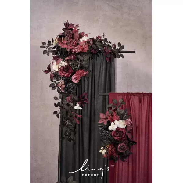 imageLings Moment Gold Christmas Artificial Wedding Arch Flowers Kit Pack of 4 2pcs Hanging Flower Arrangement 2pcs Chiffon Drapes Ceremony Reception Rose Arbor Backdrop Floral Party Outdoor DecorationsBlack  Burgundy