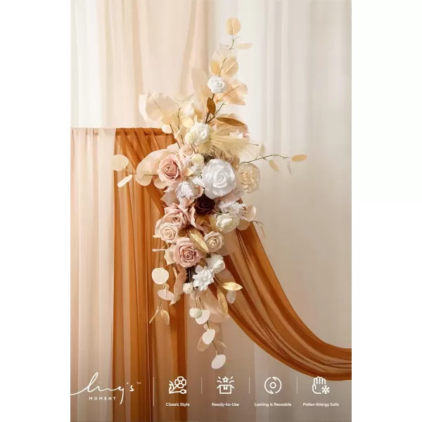 imageLings Moment Gold Christmas Artificial Wedding Arch Flowers Kit Pack of 4 2pcs Hanging Flower Arrangement 2pcs Chiffon Drapes Ceremony Reception Rose Arbor Backdrop Floral Party Outdoor DecorationsWhite  Beige  Gold