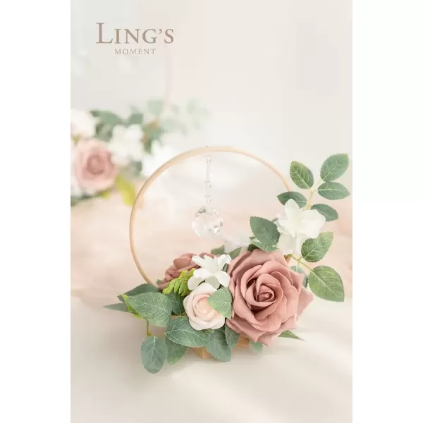 imageLings Moment Blush Pink Artificial Flowers Crystal Hoop Wreath Centerpieces for Sweetheart Table Head Table Ceremony Reception Decorations Assembled Set of 3Dusty Rose Cream