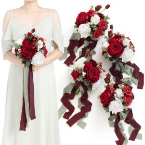 imageLings Moment Artificial Flowers Burgundy ampamp Navy Blue Bridesmaid Bouquet Set of 4 Wedding Flowers Bouquets for Bridesmaids 7 Inch Bridal Bouquets for Bridesmaids Wedding etcRedchristmas Red