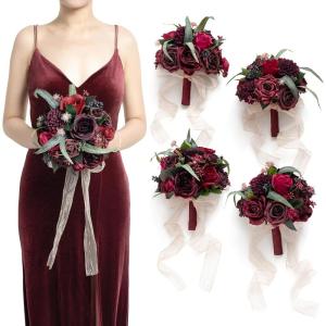 imageLings Moment Artificial Flowers Burgundy ampamp Navy Blue Bridesmaid Bouquet Set of 4 Wedding Flowers Bouquets for Bridesmaids 7 Inch Bridal Bouquets for Bridesmaids Wedding etcRedblack Baccara  Burgundy