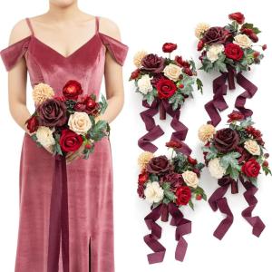 imageLings Moment Artificial Flowers Burgundy ampamp Navy Blue Bridesmaid Bouquet Set of 4 Wedding Flowers Bouquets for Bridesmaids 7 Inch Bridal Bouquets for Bridesmaids Wedding etcRedbordeaux Red
