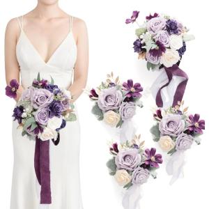 imageLings Moment Artificial Flowers Burgundy ampamp Navy Blue Bridesmaid Bouquet Set of 4 Wedding Flowers Bouquets for Bridesmaids 7 Inch Bridal Bouquets for Bridesmaids Wedding etcPrpllilac  Gold