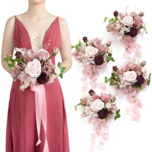 imageLings Moment Artificial Flowers Burgundy ampamp Navy Blue Bridesmaid Bouquet Set of 4 Wedding Flowers Bouquets for Bridesmaids 7 Inch Bridal Bouquets for Bridesmaids Wedding etcPkburgundy  Dusty Rose