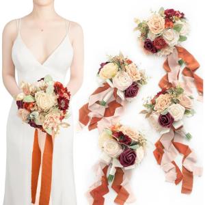 imageLings Moment Artificial Flowers Burgundy ampamp Navy Blue Bridesmaid Bouquet Set of 4 Wedding Flowers Bouquets for Bridesmaids 7 Inch Bridal Bouquets for Bridesmaids Wedding etcOrburnt Orange