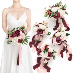 imageLings Moment Artificial Flowers Burgundy ampamp Navy Blue Bridesmaid Bouquet Set of 4 Wedding Flowers Bouquets for Bridesmaids 7 Inch Bridal Bouquets for Bridesmaids Wedding etcRedmarsala  Blush