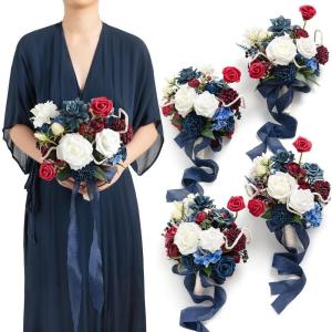 imageLings Moment Artificial Flowers Burgundy ampamp Navy Blue Bridesmaid Bouquet Set of 4 Wedding Flowers Bouquets for Bridesmaids 7 Inch Bridal Bouquets for Bridesmaids Wedding etcBluburgundy  Navy Blue