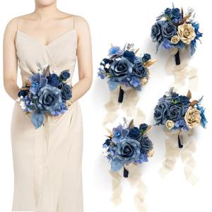 imageLings Moment Artificial Flowers Burgundy ampamp Navy Blue Bridesmaid Bouquet Set of 4 Wedding Flowers Bouquets for Bridesmaids 7 Inch Bridal Bouquets for Bridesmaids Wedding etcBlunavy Blue  Gold