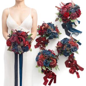 imageLings Moment Artificial Flowers Burgundy ampamp Navy Blue Bridesmaid Bouquet Set of 4 Wedding Flowers Bouquets for Bridesmaids 7 Inch Bridal Bouquets for Bridesmaids Wedding etcBlunavy Blue  Burgundy