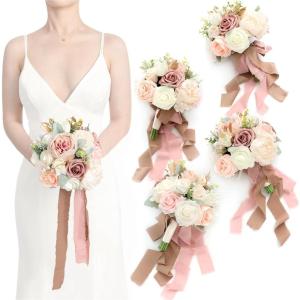 imageLings Moment Artificial Flowers Burgundy ampamp Navy Blue Bridesmaid Bouquet Set of 4 Wedding Flowers Bouquets for Bridesmaids 7 Inch Bridal Bouquets for Bridesmaids Wedding etcPkdusty Rose  Cream