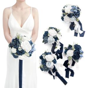 imageLings Moment Artificial Flowers Burgundy ampamp Navy Blue Bridesmaid Bouquet Set of 4 Wedding Flowers Bouquets for Bridesmaids 7 Inch Bridal Bouquets for Bridesmaids Wedding etcBludusty Blue  Navy Blue