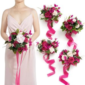 imageLings Moment Artificial Flowers Burgundy ampamp Navy Blue Bridesmaid Bouquet Set of 4 Wedding Flowers Bouquets for Bridesmaids 7 Inch Bridal Bouquets for Bridesmaids Wedding etcPkblush  Hot Pink