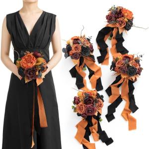 imageLings Moment Artificial Flowers Burgundy ampamp Navy Blue Bridesmaid Bouquet Set of 4 Wedding Flowers Bouquets for Bridesmaids 7 Inch Bridal Bouquets for Bridesmaids Wedding etcOrorange  Black