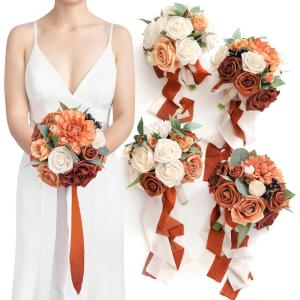 imageLings Moment Artificial Flowers Burgundy ampamp Navy Blue Bridesmaid Bouquet Set of 4 Wedding Flowers Bouquets for Bridesmaids 7 Inch Bridal Bouquets for Bridesmaids Wedding etcOrgradual Terracotta