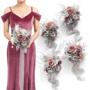 imageLings Moment Artificial Flowers Burgundy ampamp Navy Blue Bridesmaid Bouquet Set of 4 Wedding Flowers Bouquets for Bridesmaids 7 Inch Bridal Bouquets for Bridesmaids Wedding etcGrydusty Rose  Gray