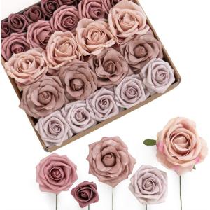 imageLings Moment Artificial Flowers Fake Faux Foam Roses Gardenia Combo for DIY Wedding Bouquets Centerpieces Arrangements Bridal Shower Party Home Decorations Dusty Blue ampamp White 24pcsDusty Rose  Cinnamon Rose