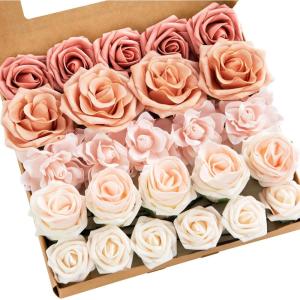 imageLings Moment Artificial Flowers Fake Faux Foam Roses Gardenia Combo for DIY Wedding Bouquets Centerpieces Arrangements Bridal Shower Party Home Decorations Dusty Blue ampamp White 24pcsRed Clay  Blush