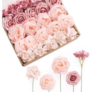 imageLings Moment Artificial Flowers Fake Faux Foam Roses Gardenia Combo for DIY Wedding Bouquets Centerpieces Arrangements Bridal Shower Party Home Decorations Dusty Blue ampamp White 24pcsPink  Blush