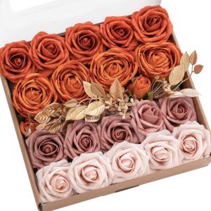 imageLings Moment Artificial Flowers Fake Faux Foam Roses Gardenia Combo for DIY Wedding Bouquets Centerpieces Arrangements Bridal Shower Party Home Decorations Dusty Blue ampamp White 24pcsOrange  Dusty Rose