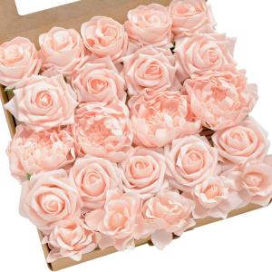 imageLings Moment Artificial Flowers Fake Faux Foam Roses Gardenia Combo for DIY Wedding Bouquets Centerpieces Arrangements Bridal Shower Party Home Decorations Dusty Blue ampamp White 24pcsBlush