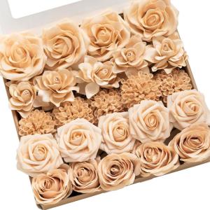 imageLings Moment Artificial Flowers Fake Faux Foam Roses Gardenia Combo for DIY Wedding Bouquets Centerpieces Arrangements Bridal Shower Party Home Decorations Dusty Blue ampamp White 24pcsApricot