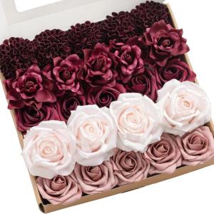 imageLings Moment Artificial Flowers Fake Faux Foam Roses Gardenia Combo for DIY Wedding Bouquets Centerpieces Arrangements Bridal Shower Party Home Decorations Dusty Blue ampamp White 24pcsMarsala  Dusty Rose