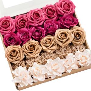imageLings Moment Artificial Flowers Fake Faux Foam Roses Gardenia Combo for DIY Wedding Bouquets Centerpieces Arrangements Bridal Shower Party Home Decorations Dusty Blue ampamp White 24pcsMagenta  Sand Beige