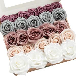 imageLings Moment Artificial Flowers Fake Faux Foam Roses Gardenia Combo for DIY Wedding Bouquets Centerpieces Arrangements Bridal Shower Party Home Decorations Dusty Blue ampamp White 24pcsDusty Rose  Grey